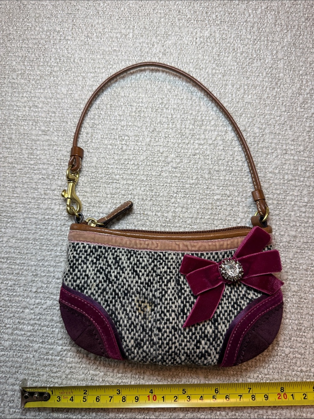 Coach Black & White Tweed Mini Wristlet with Magenta Velvet Bow